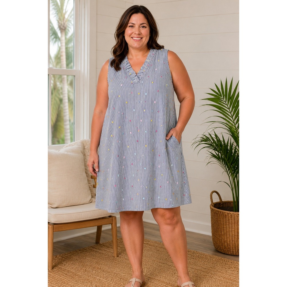 NWT Crown & Ivy Dress Women 3X Blue White Stripe Dot Embroidery Cottagecore Plus